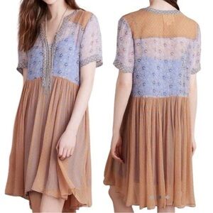 Anthropologie Blue and Tan High Low Dress 8